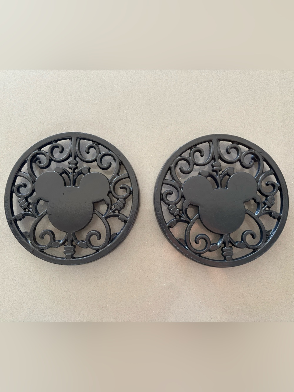 Set of 2 Official Disney Parks Cast Iron Mickey Mouse Trivets | Black Scrollwork
